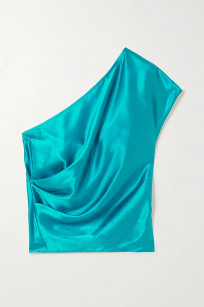 Shop Michelle Mason One-shoulder Draped Silk-charmeuse Top In Turquoise