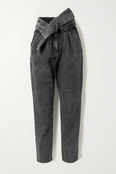 Shop Iro Repu Cropped Belted Acid-wash High-rise Tapered Jeans In Dark Gray