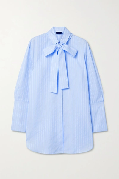 Shop Akris Pussy-bow Striped Cotton-poplin Shirt In Blue