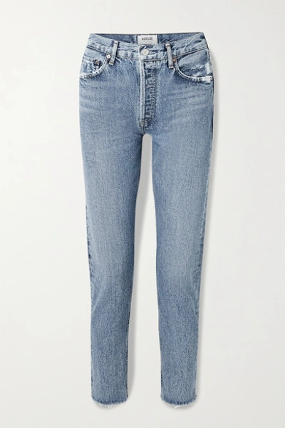 Shop Agolde Jamie Cropped Frayed Organic High-rise Straight-leg Jeans In Mid Denim