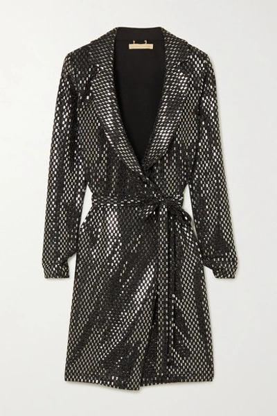 Shop Melissa Odabash Fallon Embellished Woven Wrap Mini Dress In Gunmetal