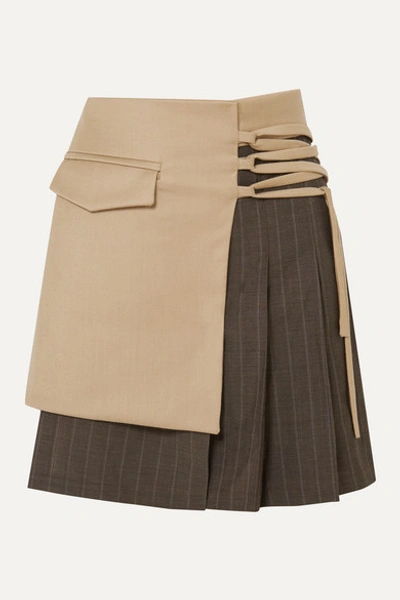 Shop Aaizél Net Sustain Layered Wool-blend And Pleated Pinstriped Wool Mini Skirt In Beige