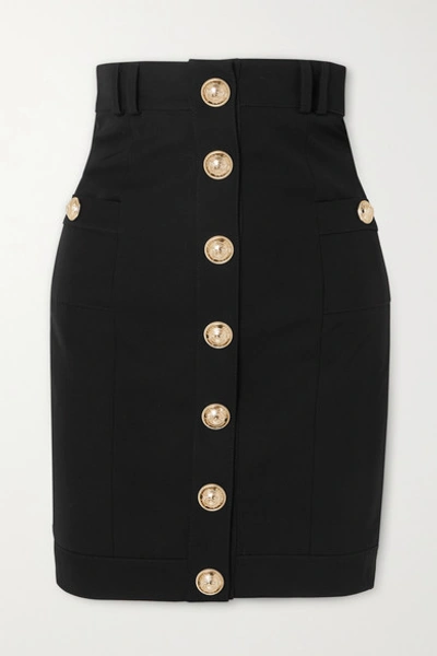 Shop Balmain Button-embellished Wool-twill Skirt In Black