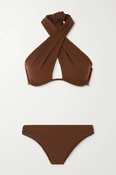 Shop Fendi Cutout Underwired Halterneck Bikini In Brown