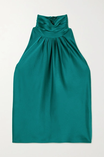 Shop Diane Von Furstenberg Dove Pleated Satin Halterneck Top In Turquoise