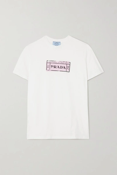 Shop Prada Printed Cotton-jersey T-shirt In White