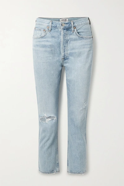 Shop Agolde Riley Cropped Distressed High-rise Straight-leg Jeans In Light Denim