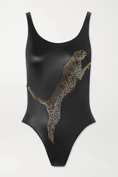 Shop Agent Provocateur Indiana Crystal-embellished Stretch-satin Swimsuit In Black