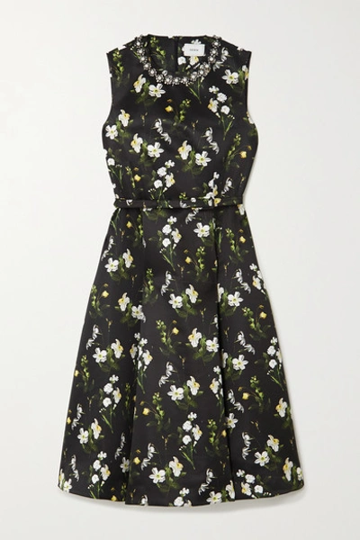 Shop Erdem Farrah Belted Embellished Floral-print Twill Midi Dress In Black