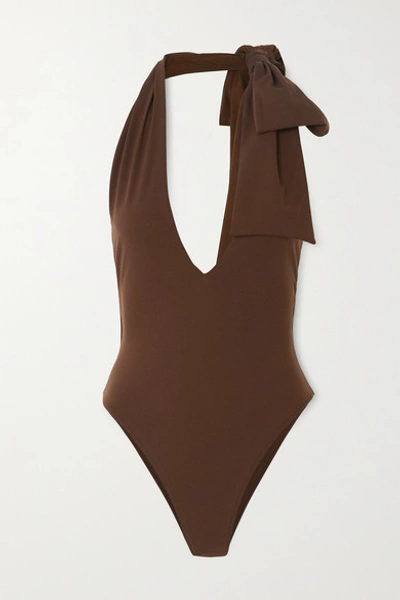 Shop Fendi Bow-embellished Halterneck Swimsuit In Brown