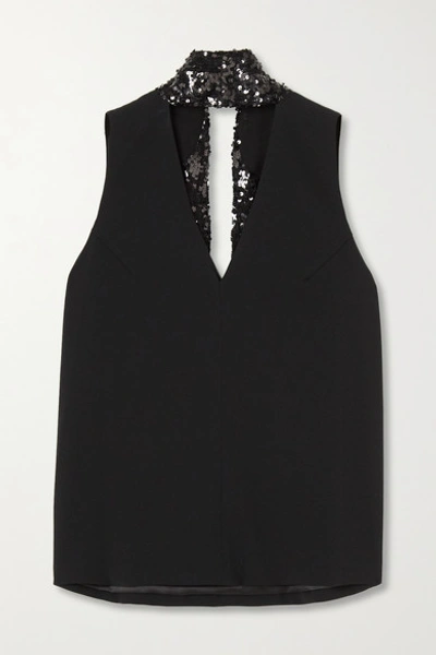 Shop Galvan Tie-detailed Sequin-embellished Crepe Top In Black