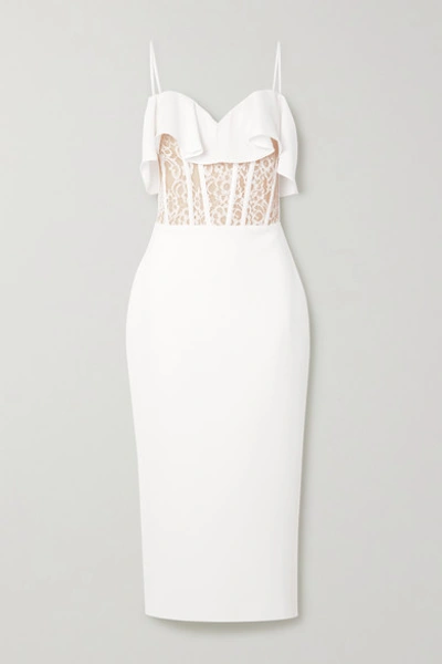 Shop Rasario Ruffled Crepe, Lace And Tulle Midi Dress In White