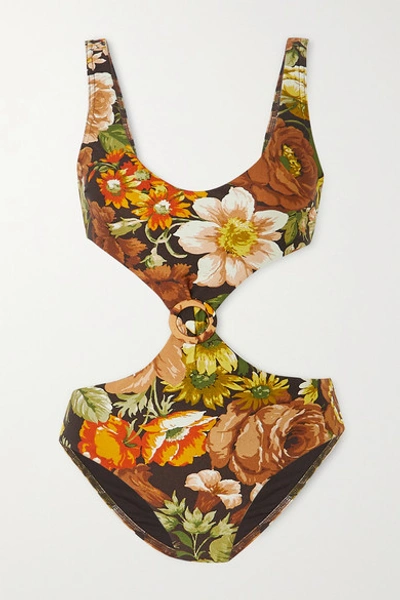 Shop Zimmermann Bonita Cutout Floral-print Swimsuit In Brown