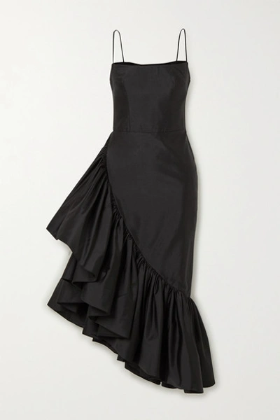 Shop Rasario Asymmetric Ruffled Silk-shantung Midi Dress In Black