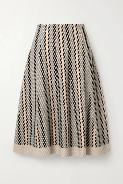 Shop Akris Striped Textured Wool-blend Midi Skirt In Neutral