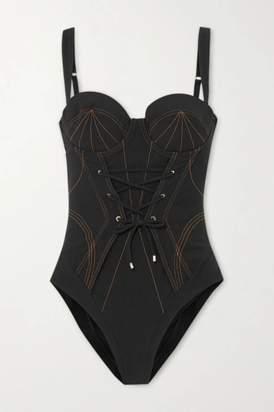 Shop Agent Provocateur Safiya Lace-up Ribbed Underwired Swimsuit In Black