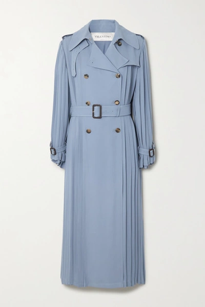Shop Valentino Pleated Silk-crepe Trench Coat In Blue