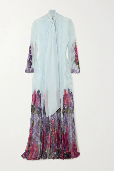 Shop Valentino Ruffled Pleated Floral-print Silk-chiffon Gown In Blue