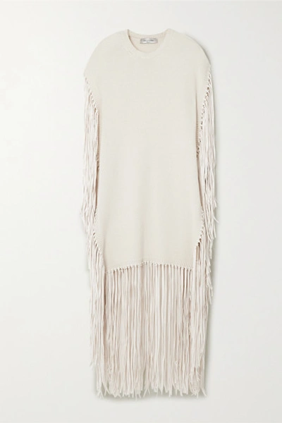 Shop Valentino Fringed Leather-trimmed Wool And Cashmere-blend Poncho In Ivory