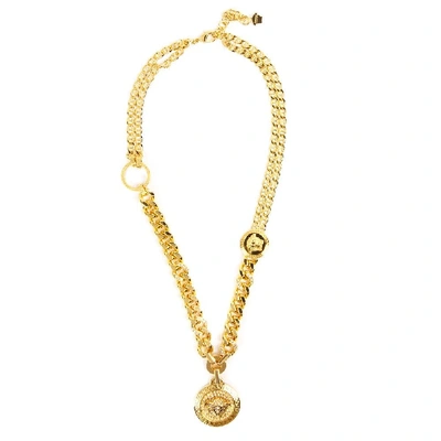 Shop Versace Gold Embellished Medusa Pendant Necklace In Brown
