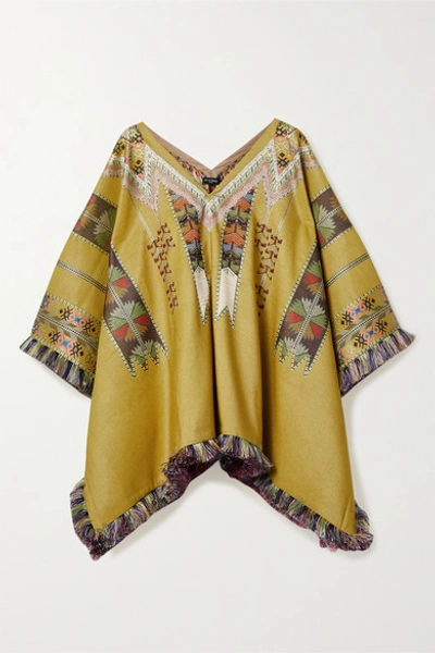 Shop Etro Fringed Jacquard Poncho In Chartreuse