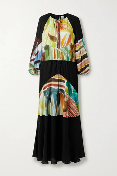 Shop Rosie Assoulin Oversized Paneled Chiffon And Printed Silk Crepe De Chine Maxi Dress In Black