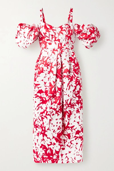 Shop Rosie Assoulin Pleated Cold-shoulder Floral-print Silk-taffeta Midi Dress In Red
