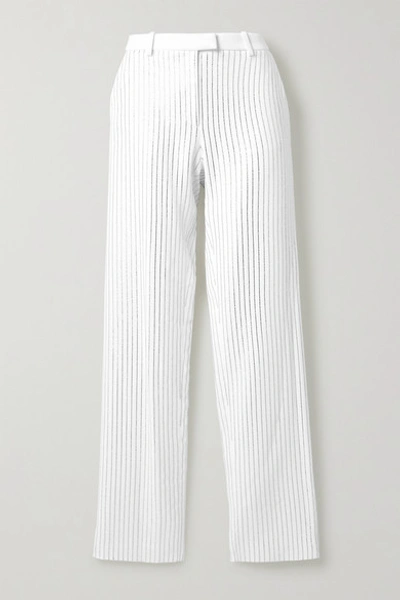 Shop Michael Kors Crystal-embellished Crepe Wide-leg Pants In White