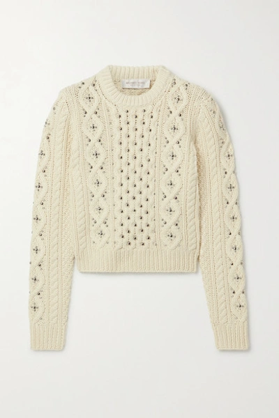 Shop Michael Kors Embellished Cable-knit Cashmere Sweater In Cream