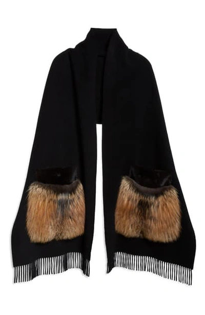 Shop Lafayette 148 Genuine Mink Or Fox Fur Pocket Cashmere Scarf In Black