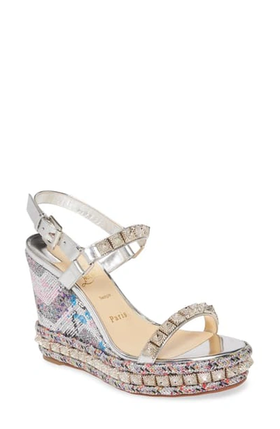 Shop Christian Louboutin Pira Studded Wedge Sandal In Silver/ Multi