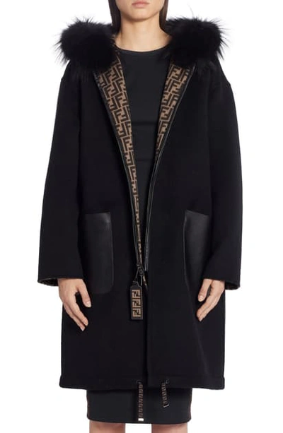 Shop Fendi Reversible Ff Logo Wool & Silk Coat With Genuine Fox Fur Trim In F118w Black