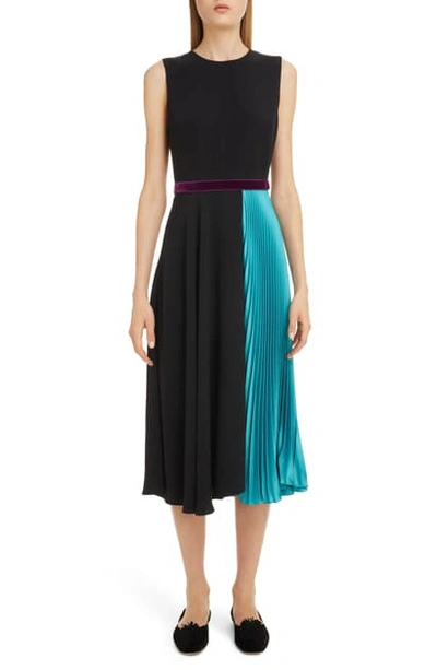 Shop Roksanda Asymmetrical Pleat Midi Dress In Black/ Cerulean