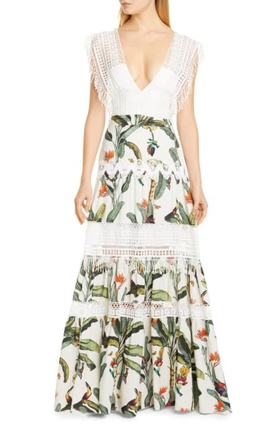 Shop Patbo Tropical Print Lace Maxi Dress In Off-white