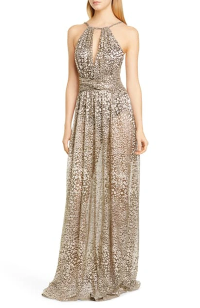 Shop Patbo Metallic Leopard Halter Gown In Gold