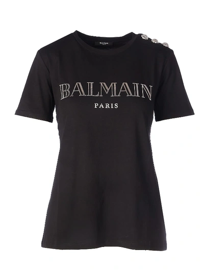 Shop Balmain 3 Btn Metallic Vintage Logo T-s In Eac Noir Argent