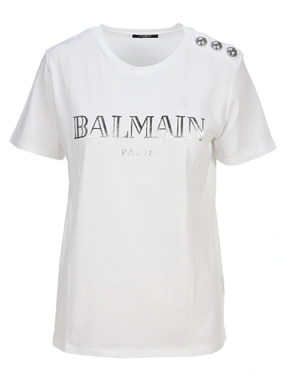 Balmain Classic Logo T-shirt In White + Silver | ModeSens
