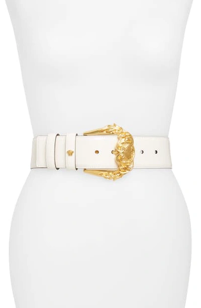 Shop Versace Baroque Buckle Leather Belt In Off White/ Gold