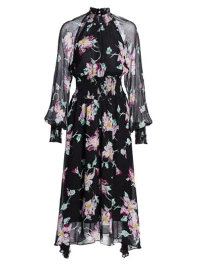Shop A.l.c Casey Long-sleeve Floral Dress In Black Purple