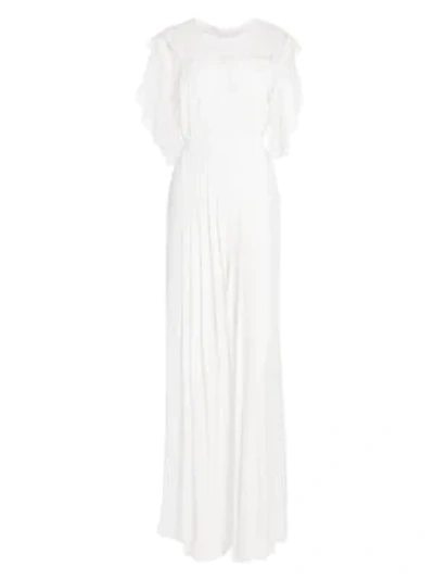 Shop Alberta Ferretti Lace Trim Pleated Jumpsuit In White