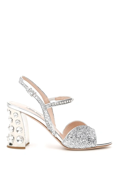 Shop Miu Miu Crystal Glitter Sandals In Argento (silver)