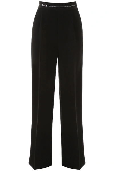 Shop Msgm Wide Leg Trousers With Jacquard Logo In Nero (black)