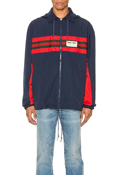 Shop Gucci Nylon Jacket With Web & Logo In Blue & Multi