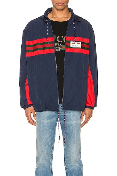 Shop Gucci Nylon Jacket With Web & Logo In Blue & Multi