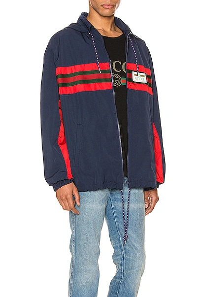 Shop Gucci Nylon Jacket With Web & Logo In Blue & Multi