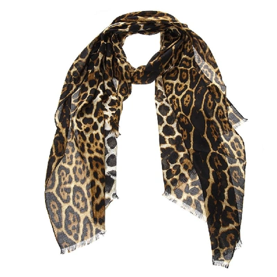 Shop Saint Laurent Leopard Printed Beige & Black Silk Scarf