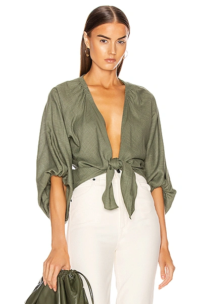 Shop Adriana Degreas Linen Solid Voluminous Sleeve Shirt In Green
