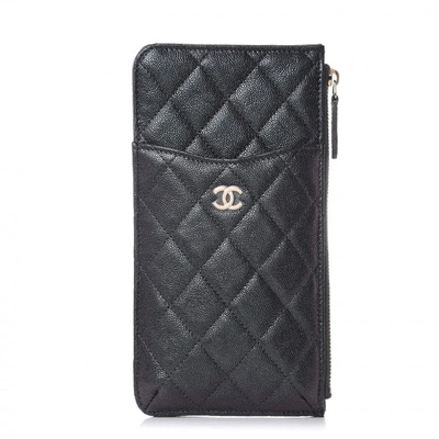 Pre-owned Chanel Classic Flat Wallet Pouch Quilted Caviar Gold-tone Black