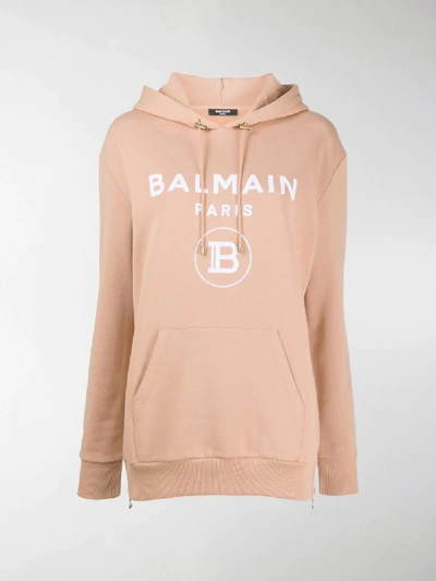 Shop Balmain Logo Print Hoodie In Neutrals