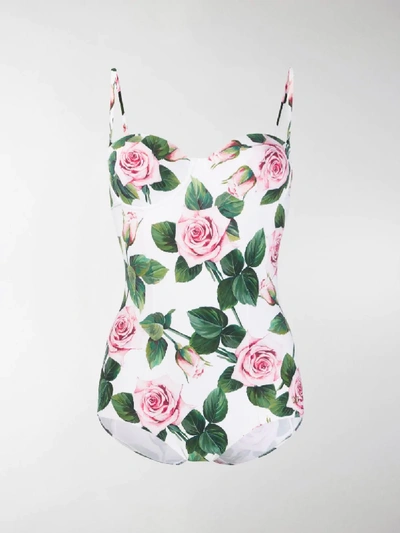 Shop Dolce & Gabbana Rose Print Swimsuit In White